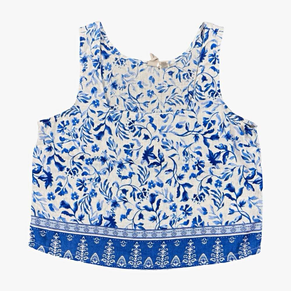 Joie Blue White Floral Woven Linen Scoop Neck Bow Tank Top Sleeveless Size S